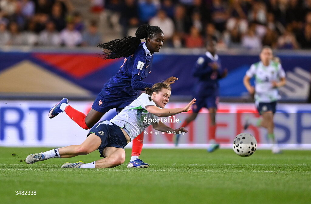 9 June 2026; Emily Murphy of Republic of Ireland is tackled by Thiniba Samoura of France resulting in a second yellow card, followed by a red card, during the 2027 FIFA Women’s World Cup Qualifier match between France and Republic of Ireland at Stade des Alpes in Grenoble, France. Photo by Stephen McCarthy/Sportsfile