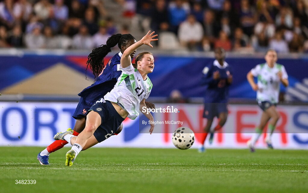 9 June 2026; Emily Murphy of Republic of Ireland is tackled by Thiniba Samoura of France resulting in a second yellow card, followed by a red card, during the 2027 FIFA Women’s World Cup Qualifier match between France and Republic of Ireland at Stade des Alpes in Grenoble, France. Photo by Stephen McCarthy/Sportsfile