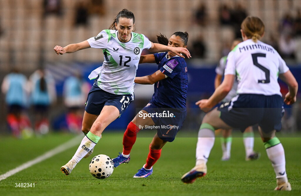 9 June 2026; Anna Patten of Republic of Ireland in action against Sakina Karchaoui of France during the 2027 FIFA Women’s World Cup Qualifier match between France and Republic of Ireland at Stade des Alpes in Grenoble, France. Photo by Stephen McCarthy/Sportsfile
