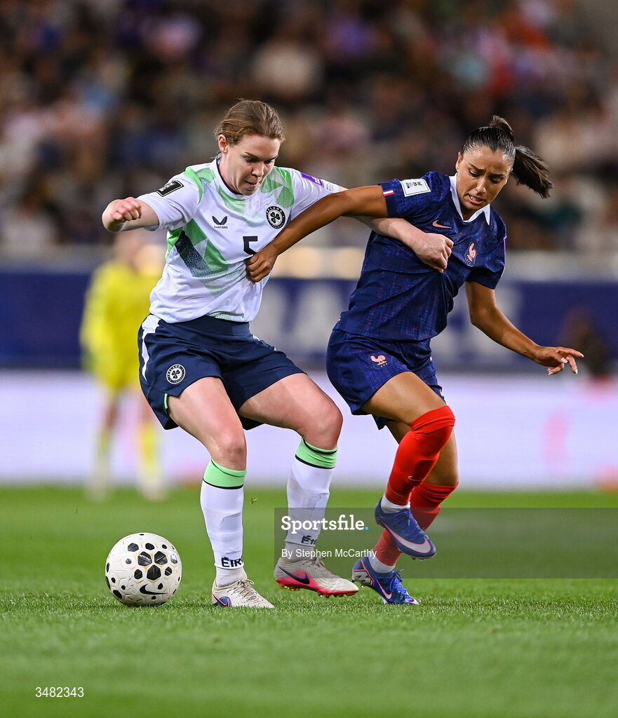 9 June 2026; Aoife Mannion of Republic of Ireland in action against Sakina Karchaoui of France during the 2027 FIFA Women’s World Cup Qualifier match between France and Republic of Ireland at Stade des Alpes in Grenoble, France. Photo by Stephen McCarthy/Sportsfile