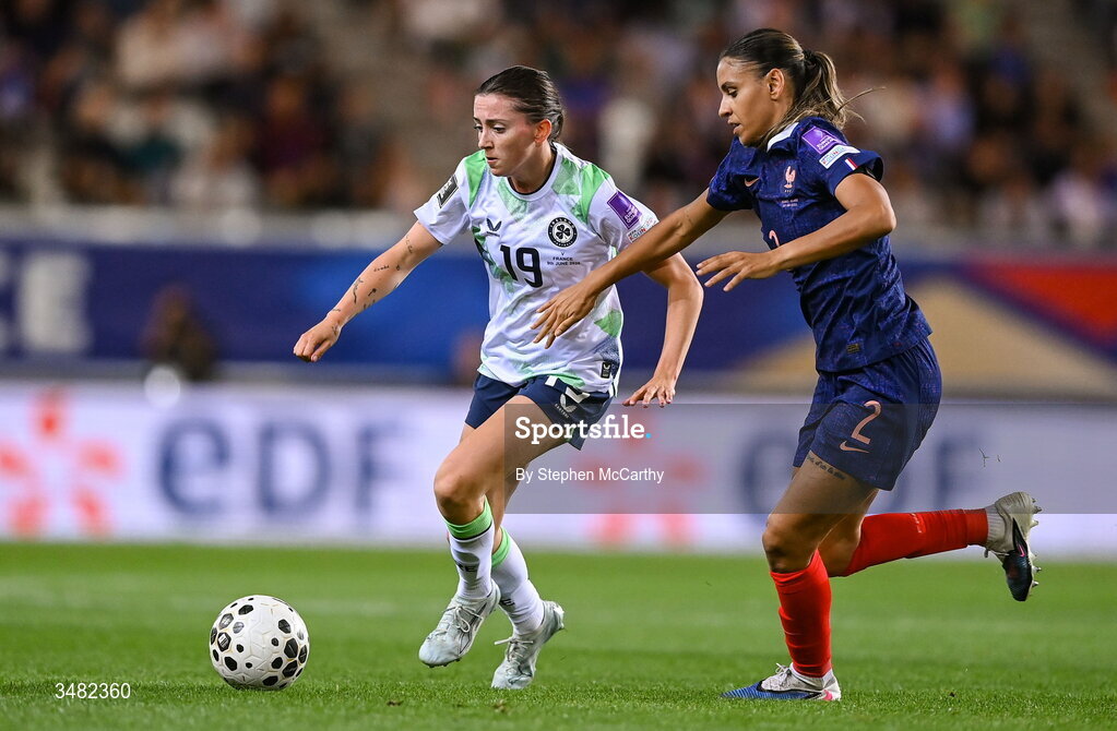 9 June 2026; Abbie Larkin of Republic of Ireland in action against Maelle Lakrar of France during the 2027 FIFA Women’s World Cup Qualifier match between France and Republic of Ireland at Stade des Alpes in Grenoble, France. Photo by Stephen McCarthy/Sportsfile
