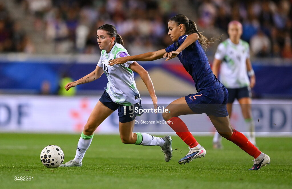 9 June 2026; Abbie Larkin of Republic of Ireland in action against Maelle Lakrar of France during the 2027 FIFA Women’s World Cup Qualifier match between France and Republic of Ireland at Stade des Alpes in Grenoble, France. Photo by Stephen McCarthy/Sportsfile