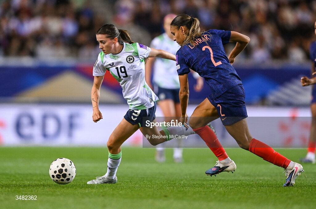 9 June 2026; Abbie Larkin of Republic of Ireland in action against Maelle Lakrar of France during the 2027 FIFA Women’s World Cup Qualifier match between France and Republic of Ireland at Stade des Alpes in Grenoble, France. Photo by Stephen McCarthy/Sportsfile