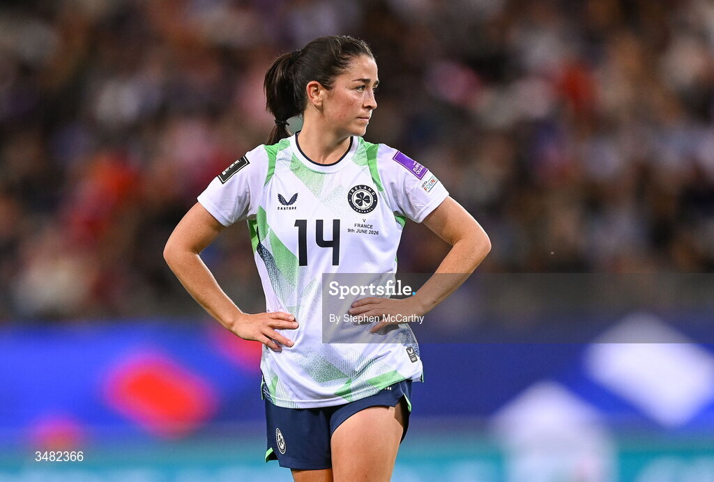 9 June 2026; Marissa Sheva of Republic of Ireland during the 2027 FIFA Women’s World Cup Qualifier match between France and Republic of Ireland at Stade des Alpes in Grenoble, France. Photo by Stephen McCarthy/Sportsfile