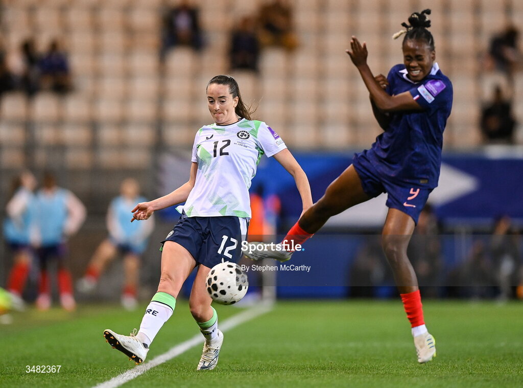 9 June 2026; Anna Patten of Republic of Ireland in action against Melvine Malard of France during the 2027 FIFA Women’s World Cup Qualifier match between France and Republic of Ireland at Stade des Alpes in Grenoble, France. Photo by Stephen McCarthy/Sportsfile