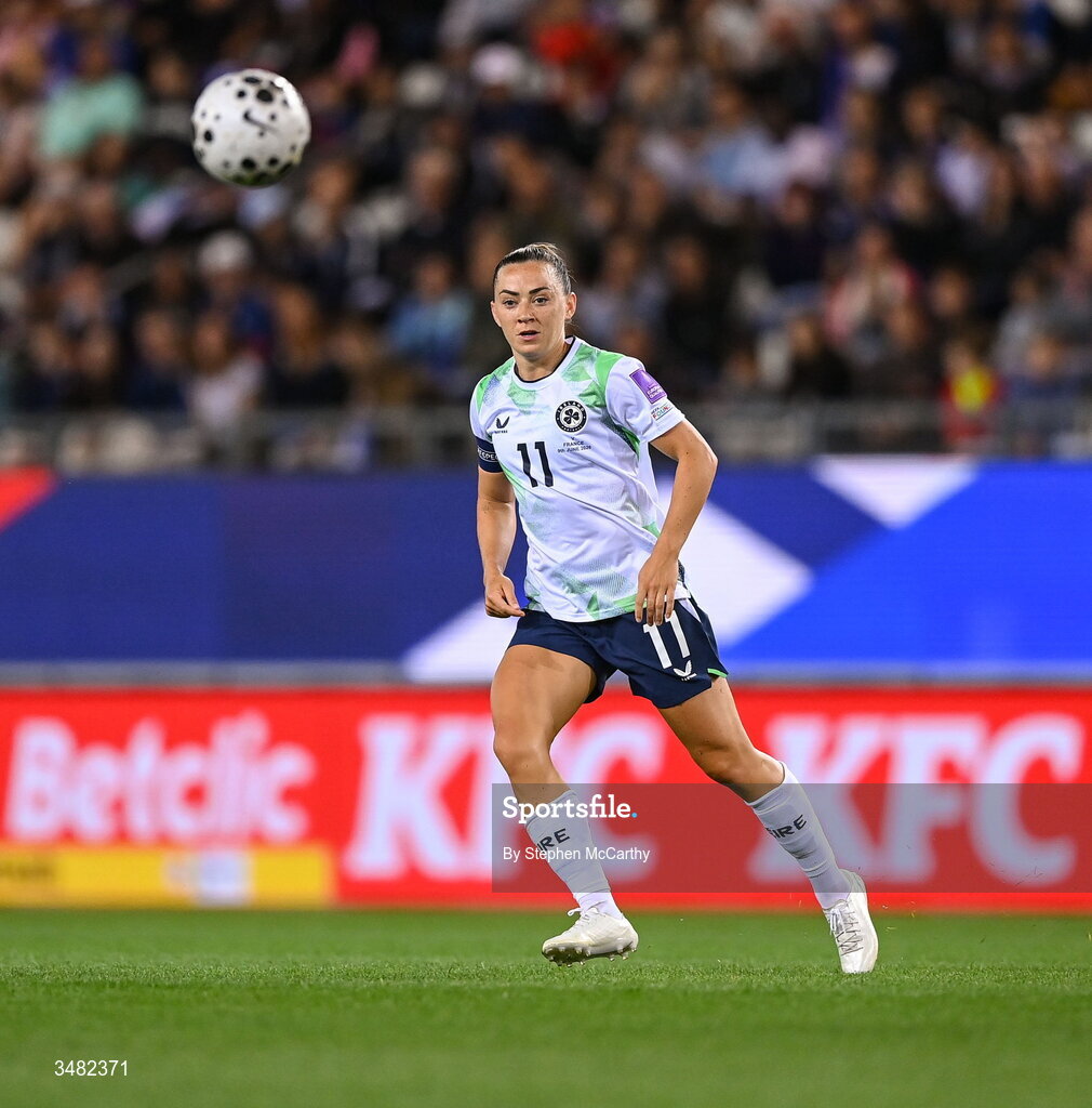 9 June 2026; Katie McCabe of Republic of Ireland during the 2027 FIFA Women’s World Cup Qualifier match between France and Republic of Ireland at Stade des Alpes in Grenoble, France. Photo by Stephen McCarthy/Sportsfile
