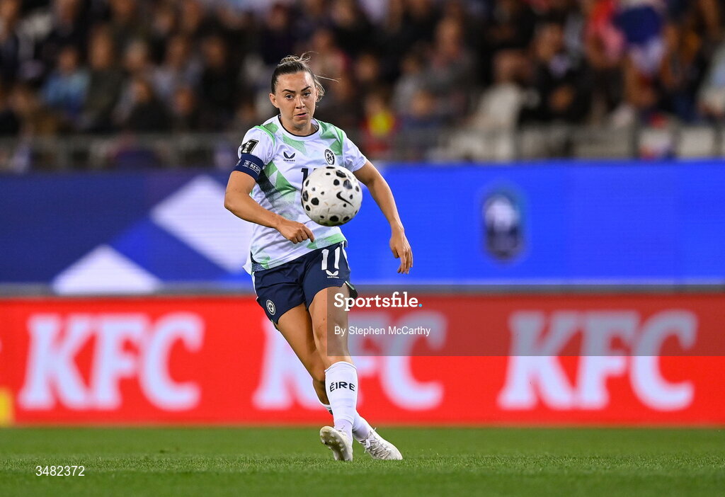 9 June 2026; Katie McCabe of Republic of Ireland during the 2027 FIFA Women’s World Cup Qualifier match between France and Republic of Ireland at Stade des Alpes in Grenoble, France. Photo by Stephen McCarthy/Sportsfile