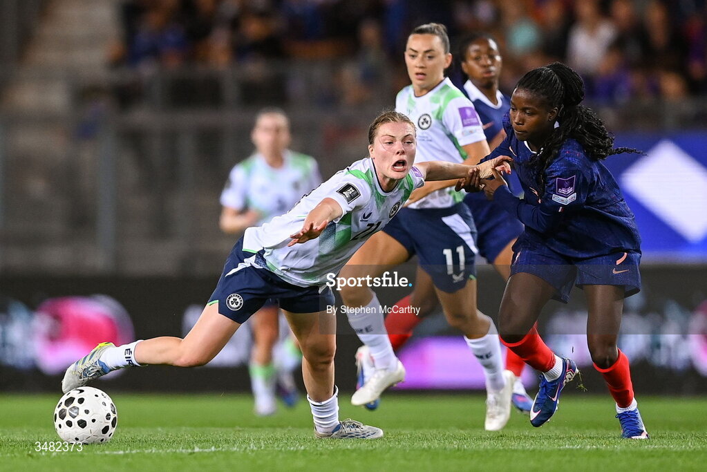 9 June 2026; Emily Murphy of Republic of Ireland is tackled by Thiniba Samoura of France during the 2027 FIFA Women’s World Cup Qualifier match between France and Republic of Ireland at Stade des Alpes in Grenoble, France. Photo by Stephen McCarthy/Sportsfile