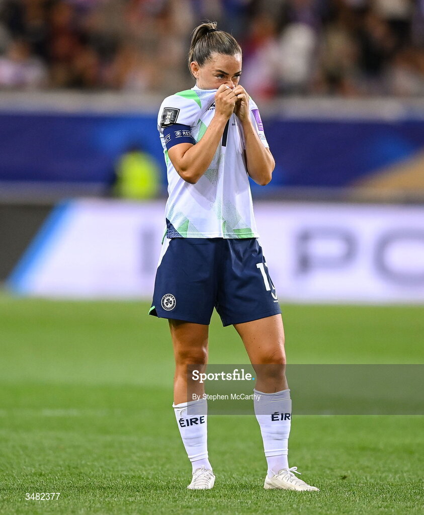 9 June 2026; Katie McCabe of Republic of Ireland reacts after the 2027 FIFA Women’s World Cup Qualifier match between France and Republic of Ireland at Stade des Alpes in Grenoble, France. Photo by Stephen McCarthy/Sportsfile
