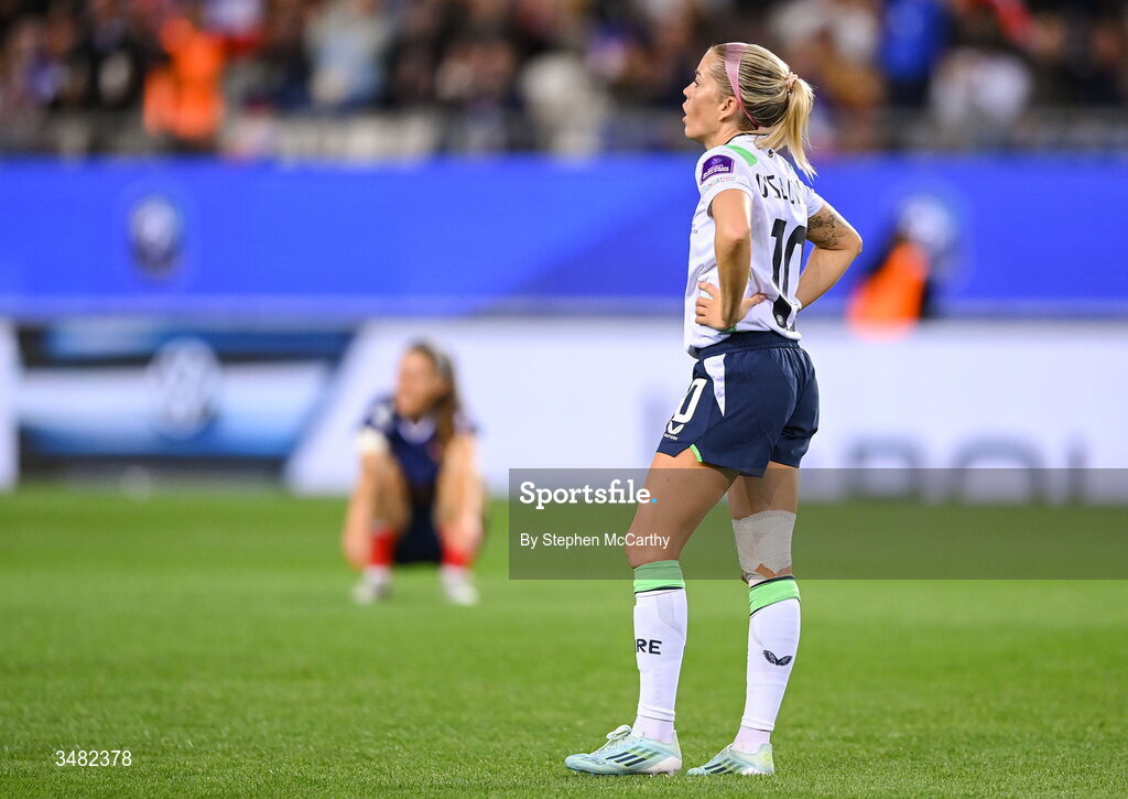 9 June 2026; Denise O'Sullivan of Republic of Ireland reacts after the 2027 FIFA Women’s World Cup Qualifier match between France and Republic of Ireland at Stade des Alpes in Grenoble, France. Photo by Stephen McCarthy/Sportsfile