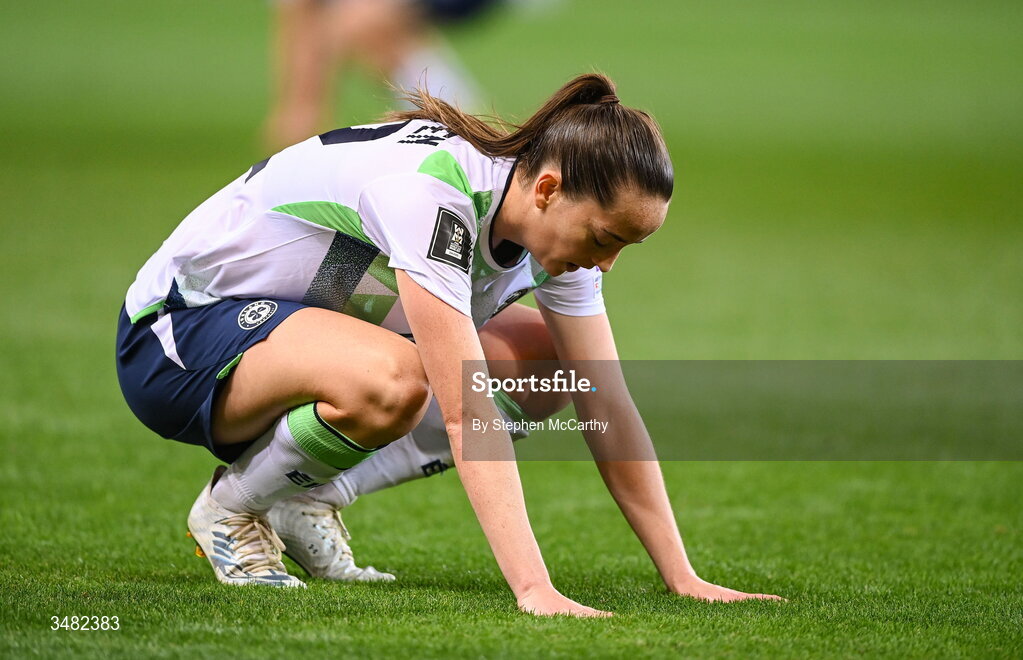 9 June 2026; Anna Patten of Republic of Ireland reacts after the 2027 FIFA Women’s World Cup Qualifier match between France and Republic of Ireland at Stade des Alpes in Grenoble, France. Photo by Stephen McCarthy/Sportsfile