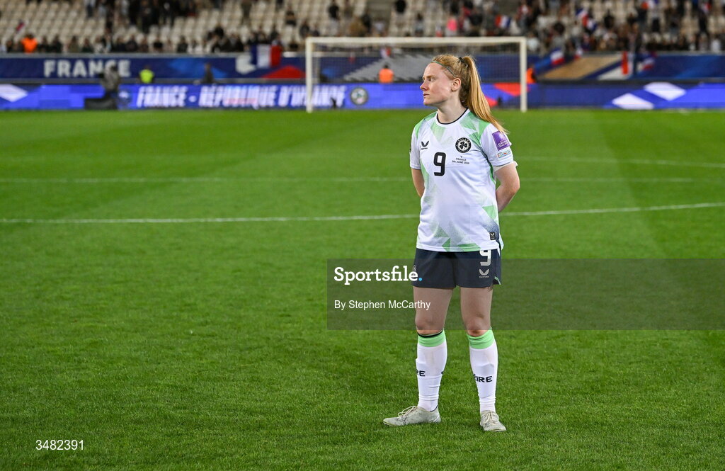 9 June 2026; Amber Barrett of Republic of Ireland reacts after the 2027 FIFA Women’s World Cup Qualifier match between France and Republic of Ireland at Stade des Alpes in Grenoble, France. Photo by Stephen McCarthy/Sportsfile
