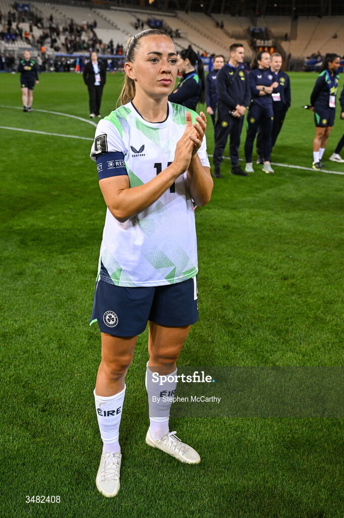 9 June 2026; Katie McCabe of Republic of Ireland acknowledges her side's supporters during the 2027 FIFA Women’s World Cup Qualifier match between France and Republic of Ireland at Stade des Alpes in Grenoble, France. Photo by Stephen McCarthy/Sportsfile