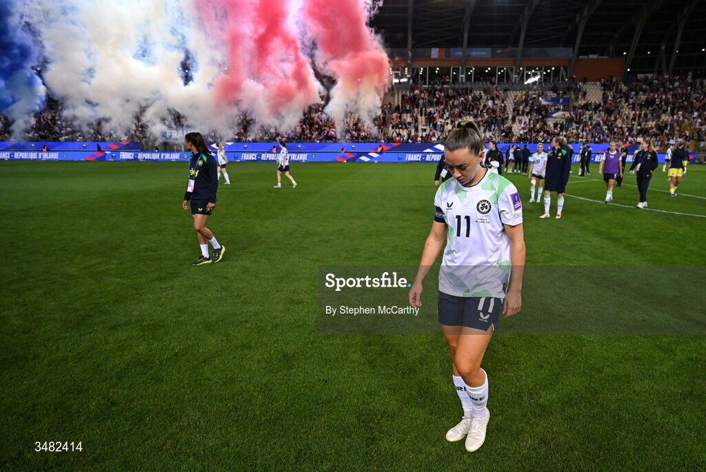 9 June 2026; Katie McCabe of Republic of Ireland reacts after the 2027 FIFA Women’s World Cup Qualifier match between France and Republic of Ireland at Stade des Alpes in Grenoble, France. Photo by Stephen McCarthy/Sportsfile