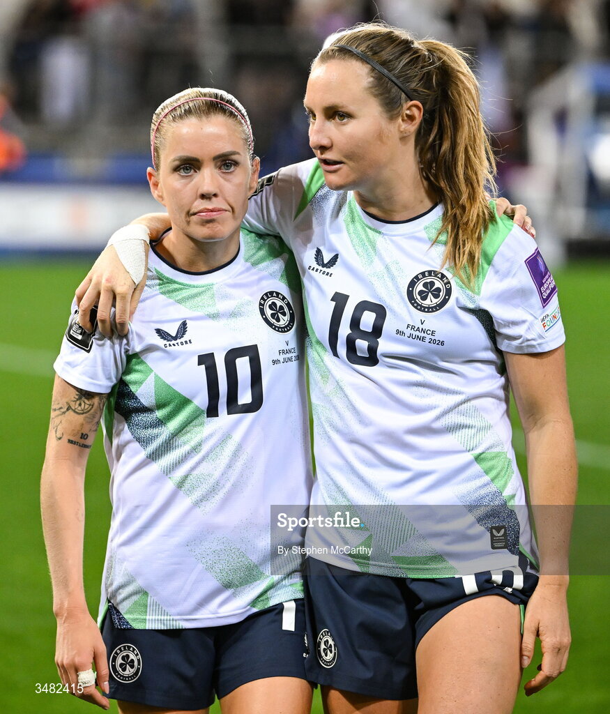 9 June 2026; Denise O'Sullivan and Kyra Carusa of Republic of Ireland react after the 2027 FIFA Women’s World Cup Qualifier match between France and Republic of Ireland at Stade des Alpes in Grenoble, France. Photo by Stephen McCarthy/Sportsfile
