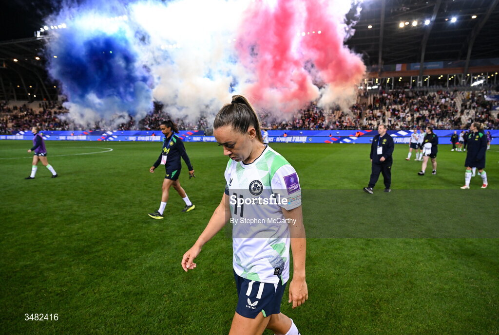 9 June 2026; Katie McCabe of Republic of Ireland reacts after the 2027 FIFA Women’s World Cup Qualifier match between France and Republic of Ireland at Stade des Alpes in Grenoble, France. Photo by Stephen McCarthy/Sportsfile