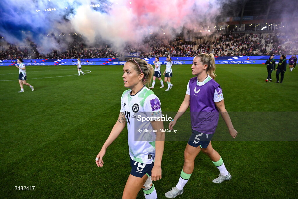 9 June 2026; Denise O'Sullivan and Jessie Stapleton of Republic of Ireland react after the 2027 FIFA Women’s World Cup Qualifier match between France and Republic of Ireland at Stade des Alpes in Grenoble, France. Photo by Stephen McCarthy/Sportsfile