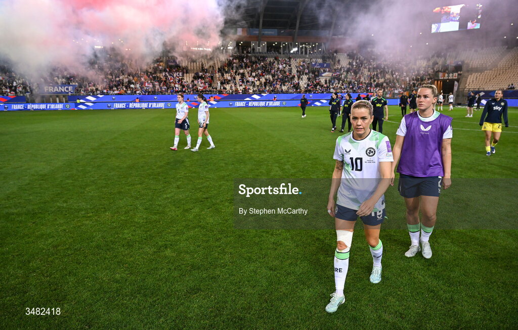 9 June 2026; Denise O'Sullivan and Jessie Stapleton of Republic of Ireland react after the 2027 FIFA Women’s World Cup Qualifier match between France and Republic of Ireland at Stade des Alpes in Grenoble, France. Photo by Stephen McCarthy/Sportsfile