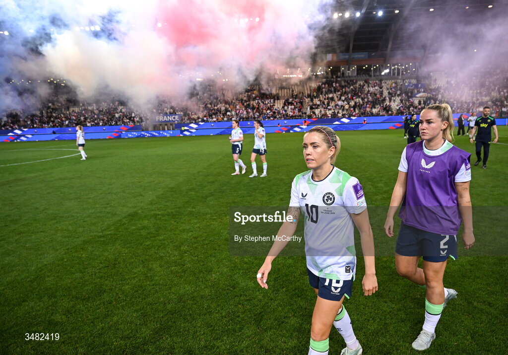 9 June 2026; Denise O'Sullivan and Jessie Stapleton of Republic of Ireland react after the 2027 FIFA Women’s World Cup Qualifier match between France and Republic of Ireland at Stade des Alpes in Grenoble, France. Photo by Stephen McCarthy/Sportsfile