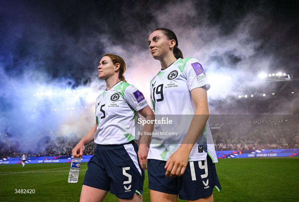 9 June 2026; Aoife Mannion and Abbie Larkin of Republic of Ireland after the 2027 FIFA Women’s World Cup Qualifier match between France and Republic of Ireland at Stade des Alpes in Grenoble, France. Photo by Stephen McCarthy/Sportsfile