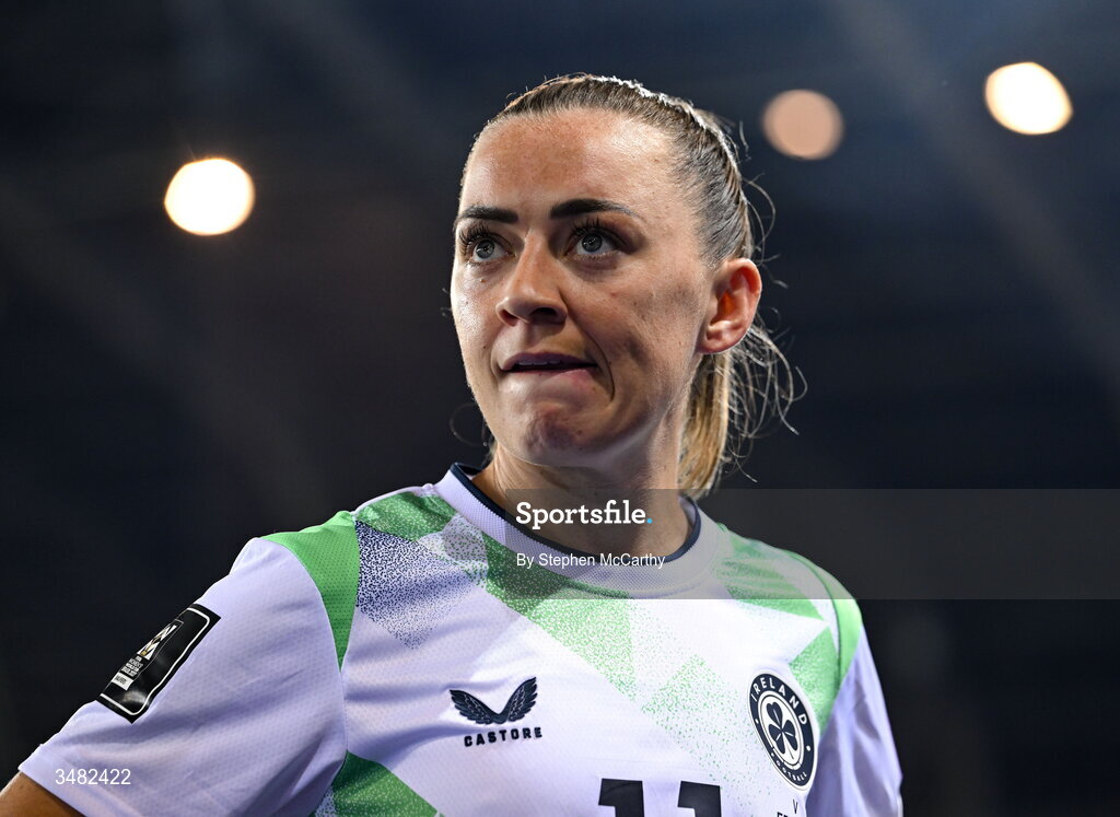 9 June 2026; Katie McCabe of Republic of Ireland reacts after the 2027 FIFA Women’s World Cup Qualifier match between France and Republic of Ireland at Stade des Alpes in Grenoble, France. Photo by Stephen McCarthy/Sportsfile