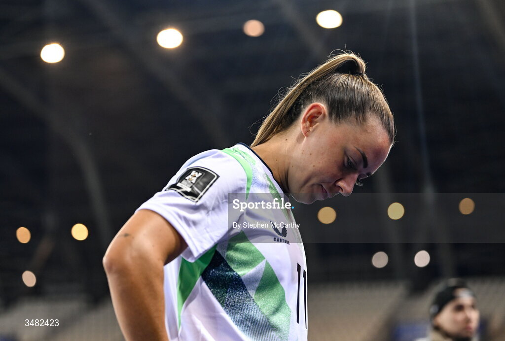 9 June 2026; Katie McCabe of Republic of Ireland reacts after the 2027 FIFA Women’s World Cup Qualifier match between France and Republic of Ireland at Stade des Alpes in Grenoble, France. Photo by Stephen McCarthy/Sportsfile