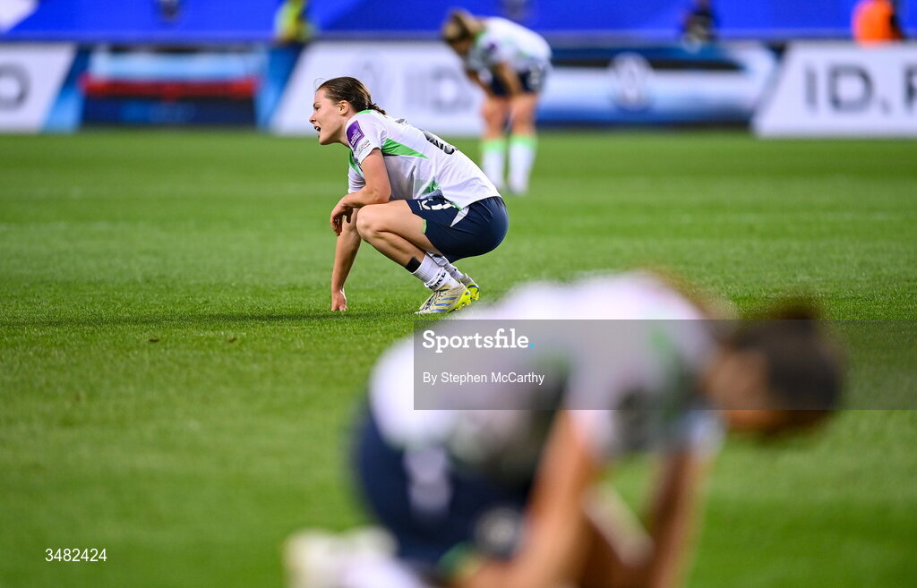 9 June 2026; Emily Murphy of Republic of Ireland reacts after the 2027 FIFA Women’s World Cup Qualifier match between France and Republic of Ireland at Stade des Alpes in Grenoble, France. Photo by Stephen McCarthy/Sportsfile