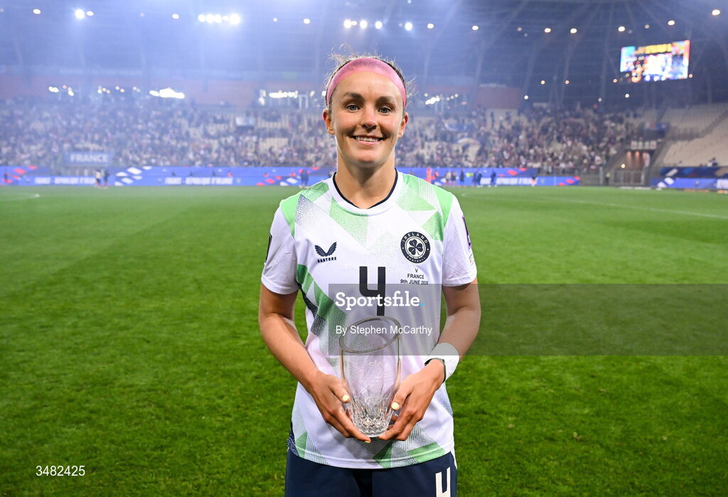 9 June 2026; Caitlin Hayes of Republic of Ireland with her Player of the Match award after the 2027 FIFA Women’s World Cup Qualifier match between France and Republic of Ireland at Stade des Alpes in Grenoble, France. Photo by Stephen McCarthy/Sportsfile