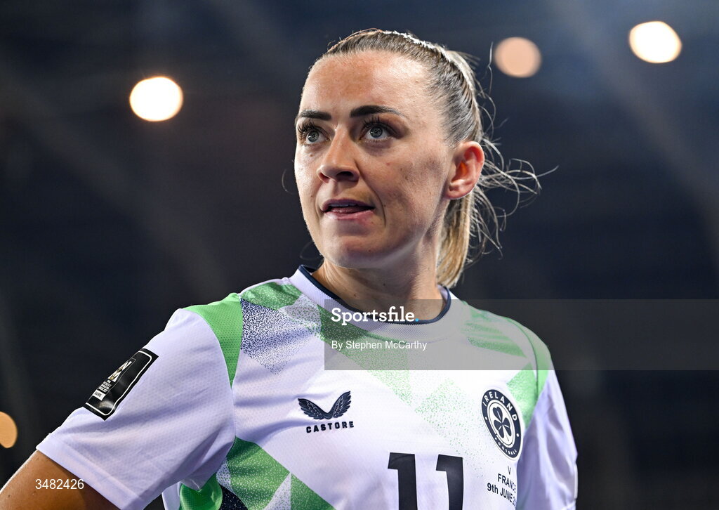 9 June 2026; Katie McCabe of Republic of Ireland reacts after the 2027 FIFA Women’s World Cup Qualifier match between France and Republic of Ireland at Stade des Alpes in Grenoble, France. Photo by Stephen McCarthy/Sportsfile