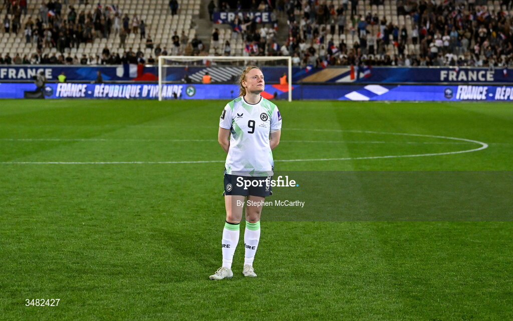 9 June 2026; Amber Barrett of Republic of Ireland reacts after the 2027 FIFA Women’s World Cup Qualifier match between France and Republic of Ireland at Stade des Alpes in Grenoble, France. Photo by Stephen McCarthy/Sportsfile