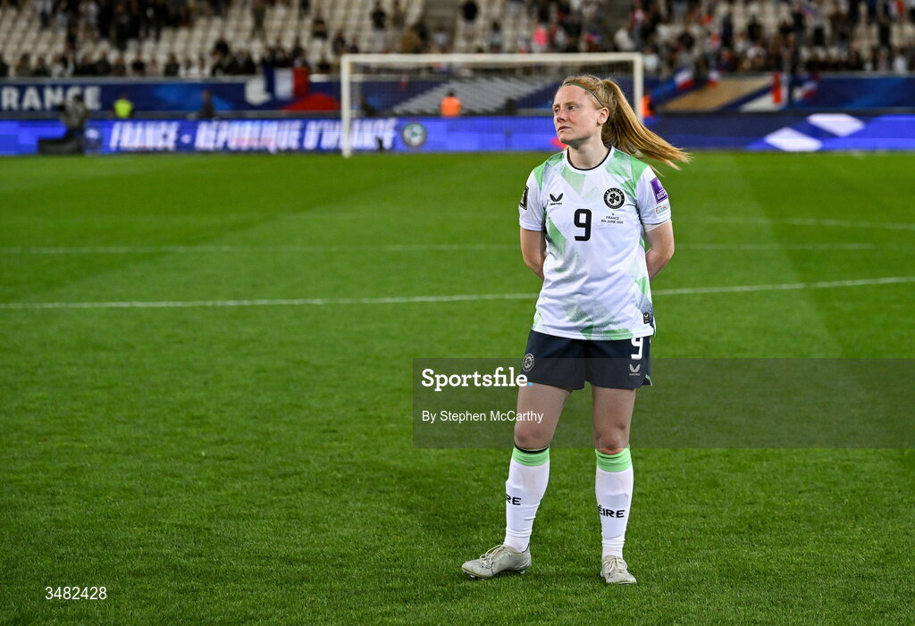 9 June 2026; Amber Barrett of Republic of Ireland reacts after the 2027 FIFA Women’s World Cup Qualifier match between France and Republic of Ireland at Stade des Alpes in Grenoble, France. Photo by Stephen McCarthy/Sportsfile