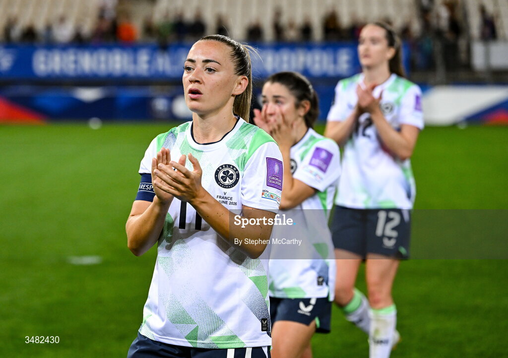 9 June 2026; Katie McCabe of Republic of Ireland acknowledges her side's supporters after the 2027 FIFA Women’s World Cup Qualifier match between France and Republic of Ireland at Stade des Alpes in Grenoble, France. Photo by Stephen McCarthy/Sportsfile