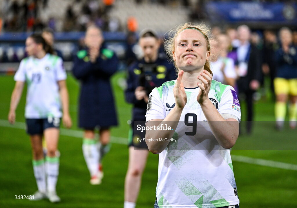 9 June 2026; Amber Barrett of Republic of Ireland acknowledges her side's supporters after the 2027 FIFA Women’s World Cup Qualifier match between France and Republic of Ireland at Stade des Alpes in Grenoble, France. Photo by Stephen McCarthy/Sportsfile