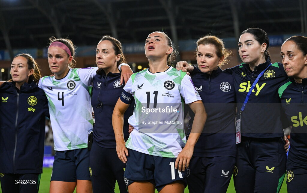 9 June 2026; Katie McCabe of Republic of Ireland, centre, reacts after the 2027 FIFA Women’s World Cup Qualifier match between France and Republic of Ireland at Stade des Alpes in Grenoble, France. Photo by Stephen McCarthy/Sportsfile