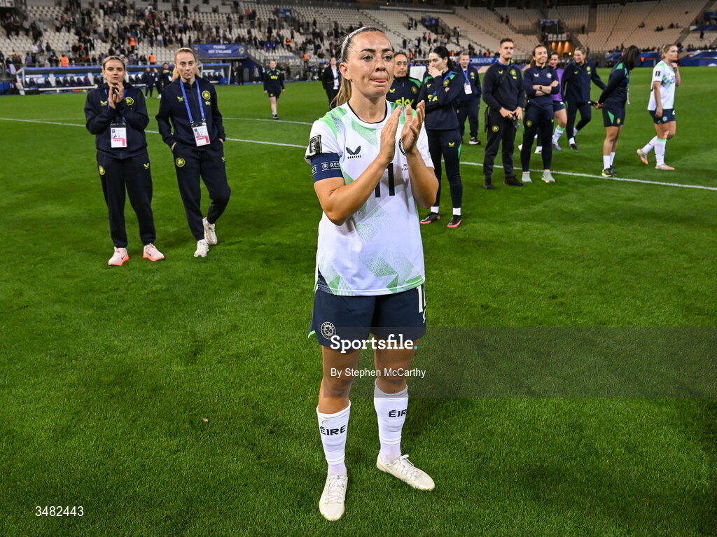 9 June 2026; Katie McCabe of Republic of Ireland acknowledges her side's supporters after the 2027 FIFA Women’s World Cup Qualifier match between France and Republic of Ireland at Stade des Alpes in Grenoble, France. Photo by Stephen McCarthy/Sportsfile