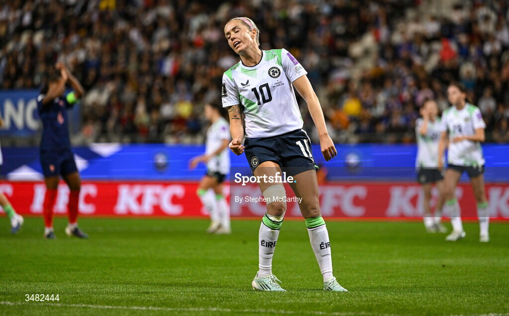 9 June 2026; Denise O'Sullivan of Republic of Ireland reacts during the 2027 FIFA Women’s World Cup Qualifier match between France and Republic of Ireland at Stade des Alpes in Grenoble, France. Photo by Stephen McCarthy/Sportsfile