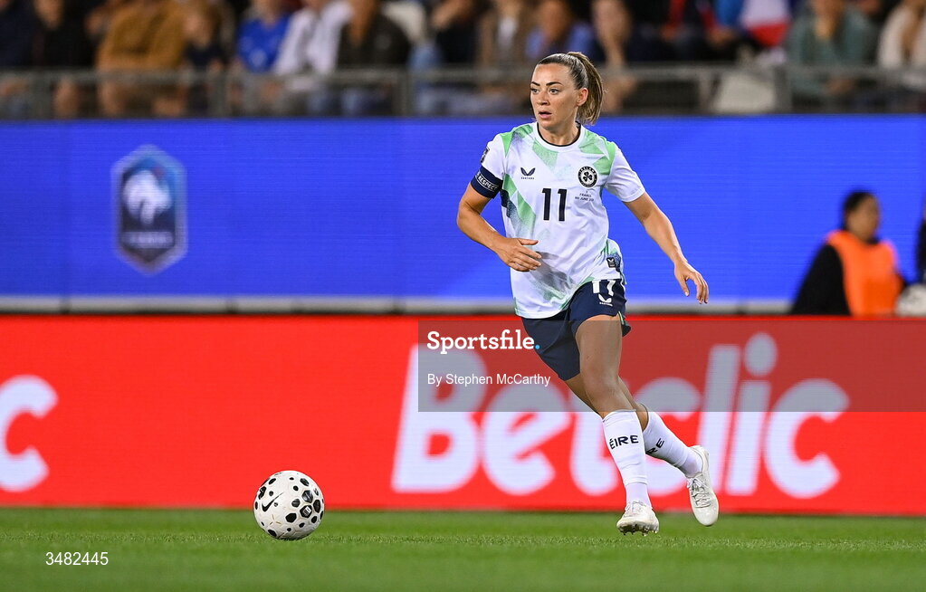 9 June 2026; Katie McCabe of Republic of Ireland during the 2027 FIFA Women’s World Cup Qualifier match between France and Republic of Ireland at Stade des Alpes in Grenoble, France. Photo by Stephen McCarthy/Sportsfile