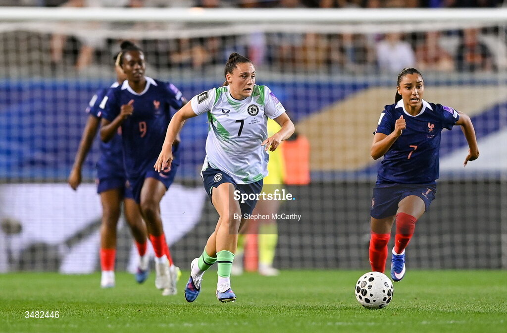 9 June 2026; Jess Ziu of Republic of Ireland during the 2027 FIFA Women’s World Cup Qualifier match between France and Republic of Ireland at Stade des Alpes in Grenoble, France. Photo by Stephen McCarthy/Sportsfile