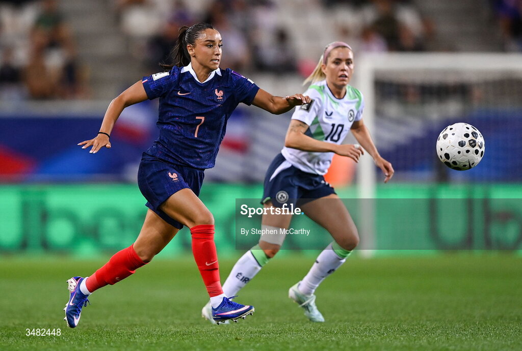 9 June 2026; Sakina Karchaoui of France and Denise O'Sullivan of Republic of Ireland during the 2027 FIFA Women’s World Cup Qualifier match between France and Republic of Ireland at Stade des Alpes in Grenoble, France. Photo by Stephen McCarthy/Sportsfile