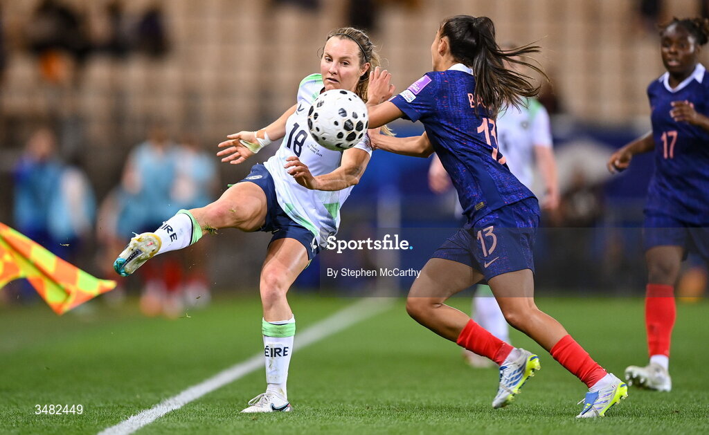 9 June 2026; Kyra Carusa of Republic of Ireland and Selma Bacha of France during the 2027 FIFA Women’s World Cup Qualifier match between France and Republic of Ireland at Stade des Alpes in Grenoble, France. Photo by Stephen McCarthy/Sportsfile