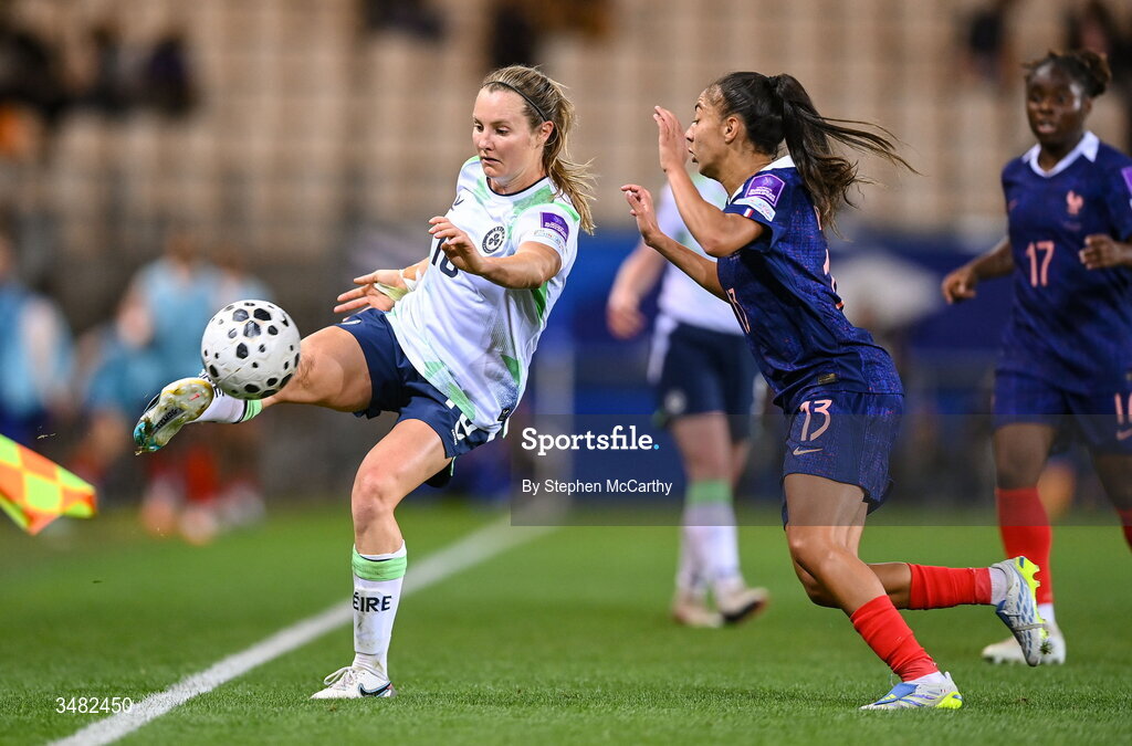 9 June 2026; Kyra Carusa of Republic of Ireland and Selma Bacha of France during the 2027 FIFA Women’s World Cup Qualifier match between France and Republic of Ireland at Stade des Alpes in Grenoble, France. Photo by Stephen McCarthy/Sportsfile