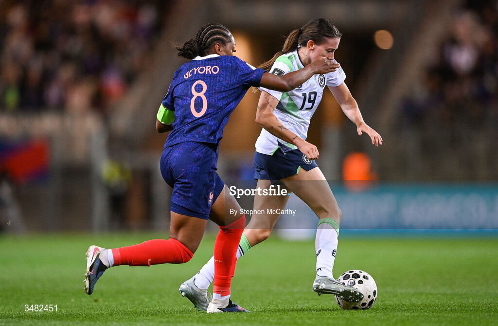 9 June 2026; Abbie Larkin of Republic of Ireland in action against Grace Geyoro of France during the 2027 FIFA Women’s World Cup Qualifier match between France and Republic of Ireland at Stade des Alpes in Grenoble, France. Photo by Stephen McCarthy/Sportsfile