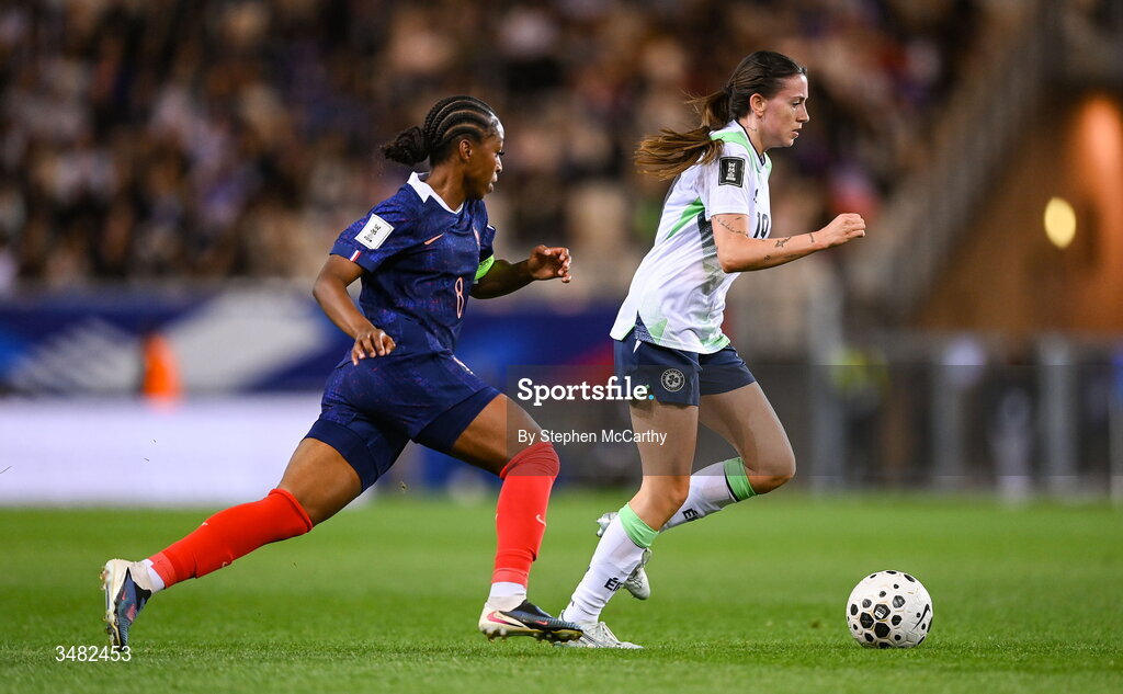 9 June 2026; Abbie Larkin of Republic of Ireland in action against Grace Geyoro of France during the 2027 FIFA Women’s World Cup Qualifier match between France and Republic of Ireland at Stade des Alpes in Grenoble, France. Photo by Stephen McCarthy/Sportsfile
