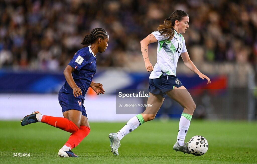 9 June 2026; Abbie Larkin of Republic of Ireland in action against Grace Geyoro of France during the 2027 FIFA Women’s World Cup Qualifier match between France and Republic of Ireland at Stade des Alpes in Grenoble, France. Photo by Stephen McCarthy/Sportsfile