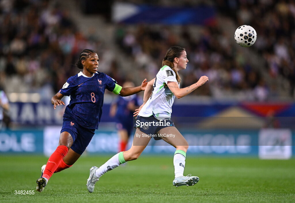 9 June 2026; Abbie Larkin of Republic of Ireland in action against Grace Geyoro of France during the 2027 FIFA Women’s World Cup Qualifier match between France and Republic of Ireland at Stade des Alpes in Grenoble, France. Photo by Stephen McCarthy/Sportsfile
