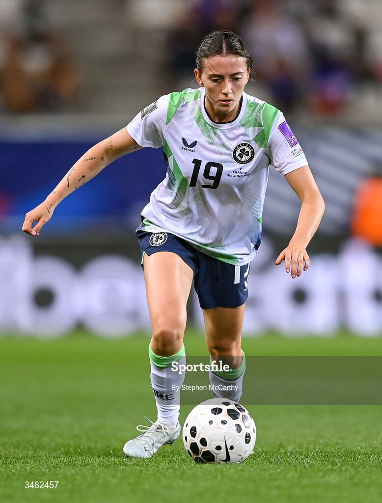 9 June 2026; Abbie Larkin of Republic of Ireland during the 2027 FIFA Women’s World Cup Qualifier match between France and Republic of Ireland at Stade des Alpes in Grenoble, France. Photo by Stephen McCarthy/Sportsfile