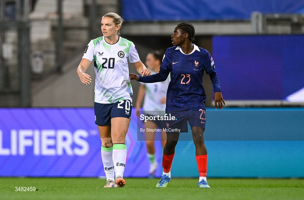 9 June 2026; Saoirse Noonan of Republic of Ireland and Melween N'Dongala of France during the 2027 FIFA Women’s World Cup Qualifier match between France and Republic of Ireland at Stade des Alpes in Grenoble, France. Photo by Stephen McCarthy/Sportsfile