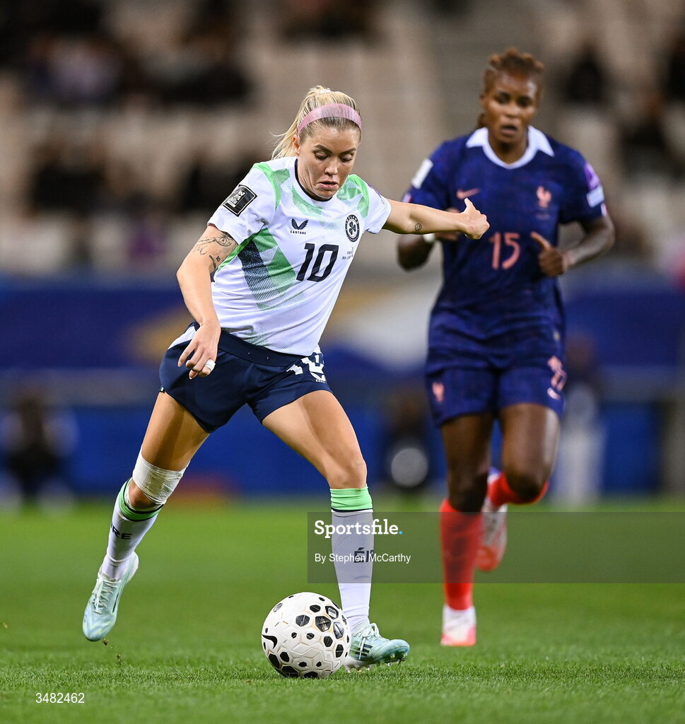 9 June 2026; Denise O'Sullivan of Republic of Ireland in action against Kelly Gago of France during the 2027 FIFA Women’s World Cup Qualifier match between France and Republic of Ireland at Stade des Alpes in Grenoble, France. Photo by Stephen McCarthy/Sportsfile