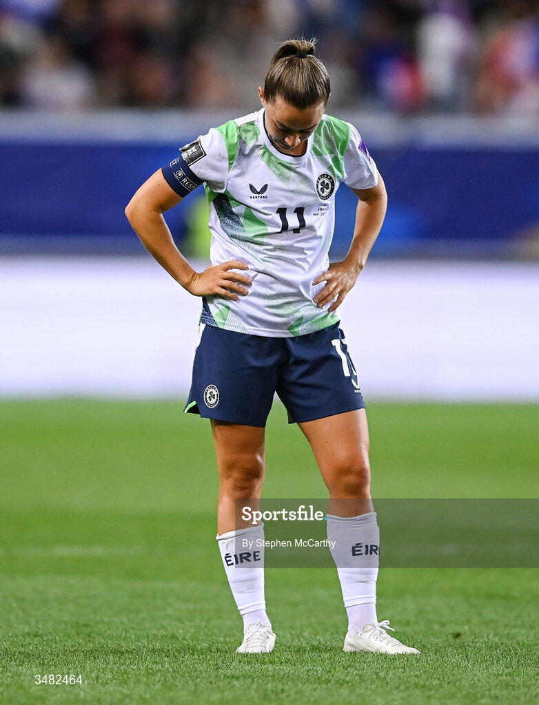 9 June 2026; Katie McCabe of Republic of Ireland reacts after the 2027 FIFA Women’s World Cup Qualifier match between France and Republic of Ireland at Stade des Alpes in Grenoble, France. Photo by Stephen McCarthy/Sportsfile