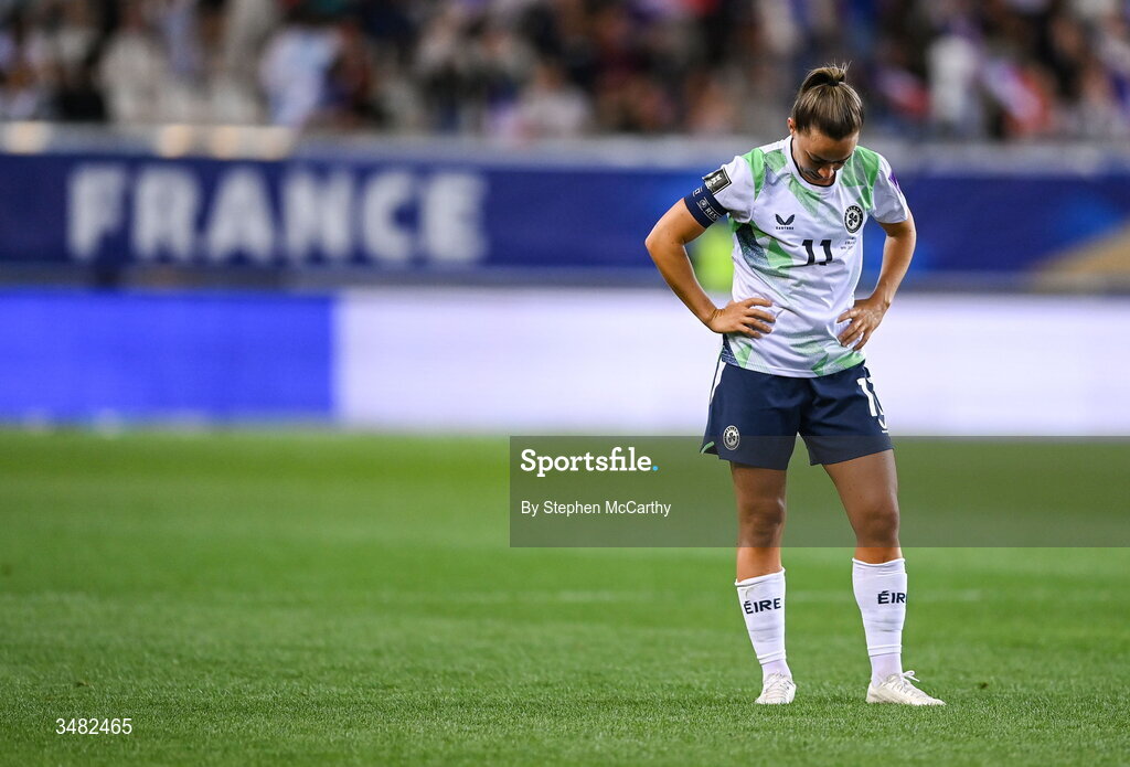 9 June 2026; Katie McCabe of Republic of Ireland reacts after the 2027 FIFA Women’s World Cup Qualifier match between France and Republic of Ireland at Stade des Alpes in Grenoble, France. Photo by Stephen McCarthy/Sportsfile
